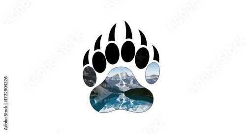 Bear Paw Silhouette Enclosing a Breathtaking Mountain and Lake Landscape Scene