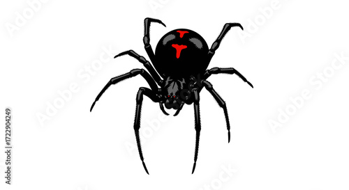 Black widow spider illustration with red hourglass marking, a venomous arachnid, isolated on a