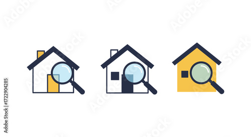 Three house icons with magnifying glasses showing variations in color