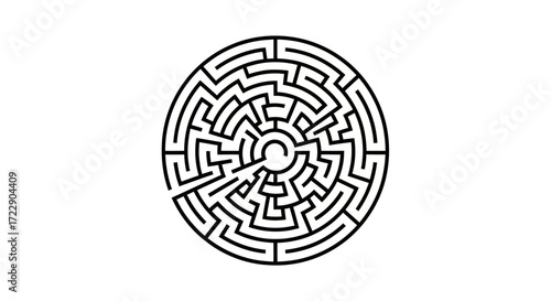 Circular labyrinth illustration challenges viewers with its complex interwoven paths and central