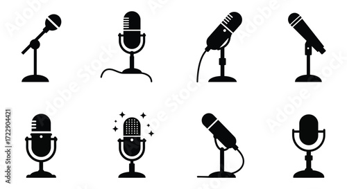 Collection of diverse black and white microphone icons displayed in a grid layout