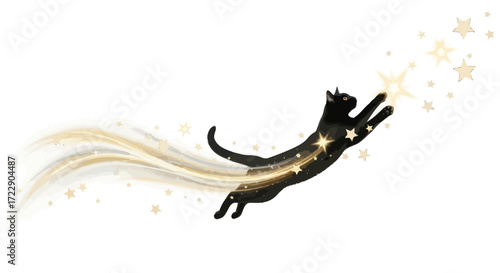 Cosmic feline pursuit of celestial stars and dreams in a magical universe
