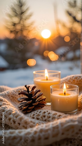 Cozy winter scene with candles and pine cone creating a warm and inviting atmosphere indoors