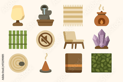 Cozy home icons set: lamp fountain rug fireplace fence aromatherapy chair crystal zen