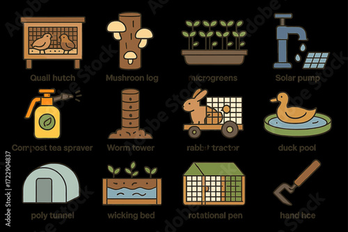 Sustainable farming icons: hutch, microgreens, solar pump, rabbit tractor, polytunnel illustrations