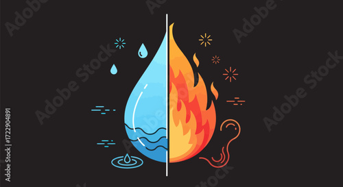Dualistic representation of water and fire elemental forces for creative concept