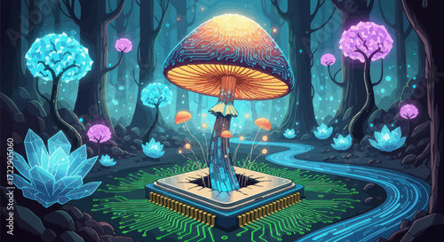Enchanted technological forest landscape featuring a mushroom with circuit designs