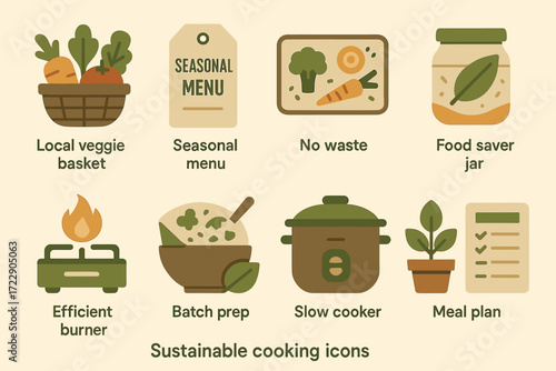 Sustainable cooking icons: veggie basket, menu, no waste, saver jar, slow cooker