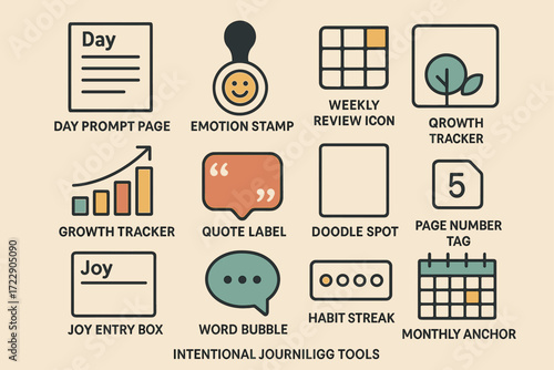 Creative journaling tools and icons for tracking growth and emotions