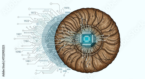 Evolution of technology, digital advancement displayed with ammonite fossil and chip circuit