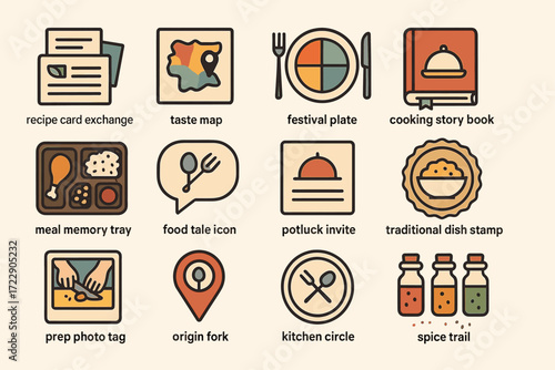 Culinary icons set featuring recipe cards, festival plate, and food tale icon