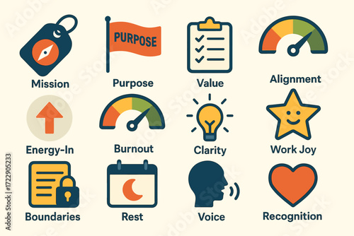 Business icons representing mission, purpose, value, and work-life balance