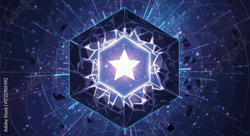 Futuristic shattered cube with a glowing star at the center on a cosmic background