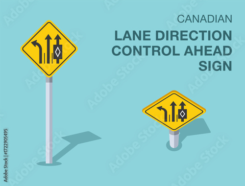 Traffic regulation rules. Isolated canadian "lane direction control ahead" road sign. Front and top view. Flat vector illustration template.