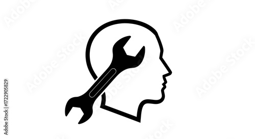 Intellectual adjustment and cognitive reengineering wrench on human head symbol