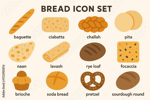 Bread icon set featuring baguette, ciabatta, challah, and more