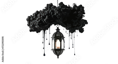 Intricate lamp juxtaposed with an ominous dark cloud and dripping ink creates a captivating