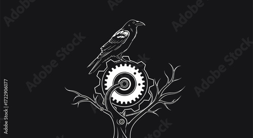 Mechanical raven perched atop gear, a monochrome fantasy concept evoking symbolism