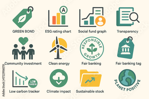 Sustainable finance icons: clean energy, green bonds, esg, fair banking, climate impact