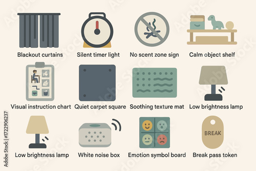 Sensory-friendly items for calming spaces: curtains, light, sign, shelf