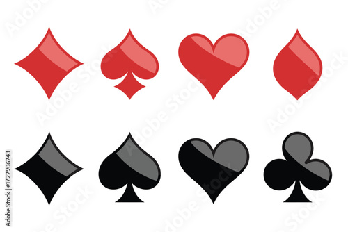 Red and Black Playing Card Symbols,  Vector Collection of Hearts, Diamonds, Clubs, and Spades – Perfect for Casino Designs, Game UI, Digital Cards, and Vector Illustrations