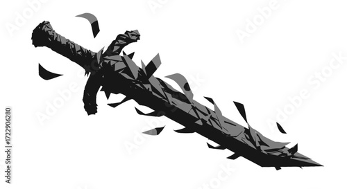 Monochromatic digital artwork of a geometric shattered sword with an abstract aesthetic