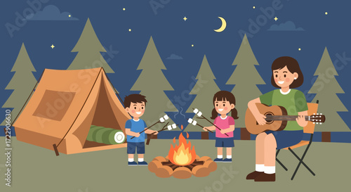 Family camping at night with campfire and guitar.