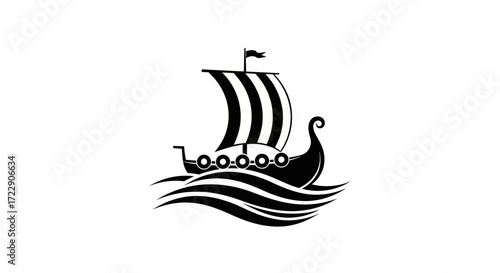 Monochrome representation of a Viking ship sailing across stylized waves on a voyage