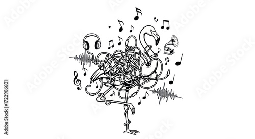 Musical flamingo surreal artistic sketch showcasing the beauty of sound and avian grace