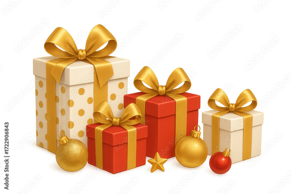 Obraz premium Grouping of festive holiday gifts wrapped in red and white with golden bows, alongside shiny golden and red christmas ornaments