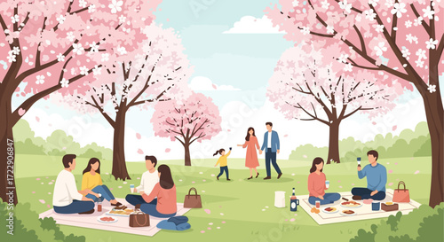 Family enjoying a picnic under cherry blossoms.
