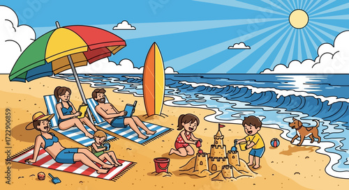 Family enjoying a sunny day at the beach building sandcastles and relaxing.