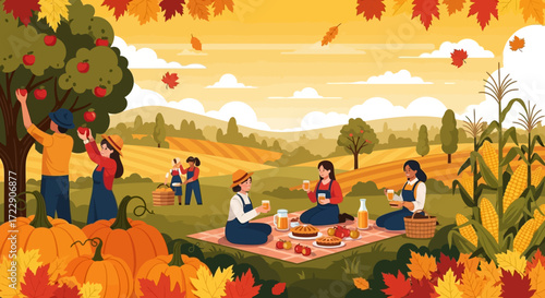 Family enjoying autumn picnic with harvest.