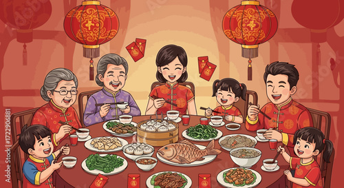 Family gathering around a table enjoying a festive meal together.