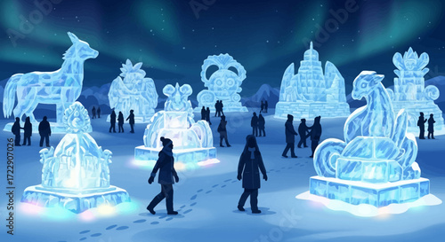 Ice sculptures display with people walking around during winter night.