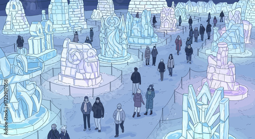 Ice Sculptures Light Festival Night Scene.