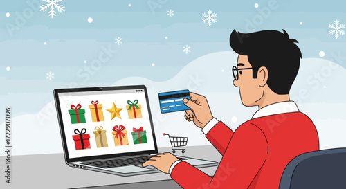Man shopping online for gifts using credit card and laptop.