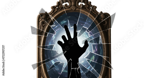 Shattered reflections a hand reaches from another dimension through a broken mirror frame