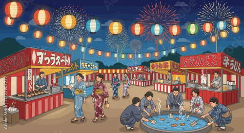 People enjoying a vibrant traditional Japanese summer festival at night.