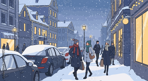 People walking on a snowy city street during winter.