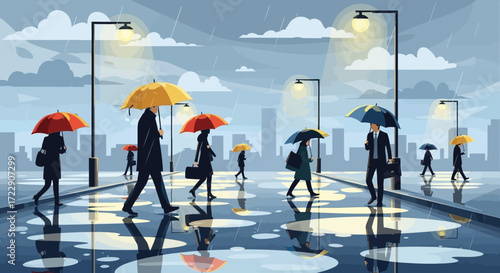 People with colorful umbrellas walking on a wet city street in the rain.
