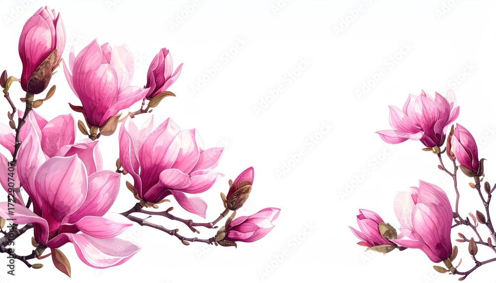 Naklejka premium Pink watercolor magnolias with delicate stems fill the frame on a crisp white background, evoking elegance and a floral motif