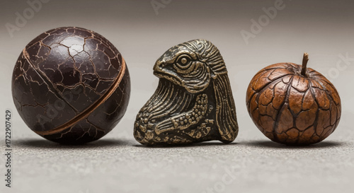 three carved wooden spheres and a small carved animal figurine.