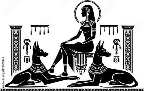 Ancient Egyptian queen sitting between two seated dogs in profile  