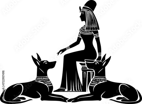 Ancient Egyptian queen sitting with two dogs in silhouette style  