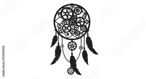 Steampunk dreamcatcher silhouette intricate gears and feathered pendants artistic illustration