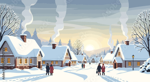 Winter Village Scene with Snow-Covered Houses and People Walking.