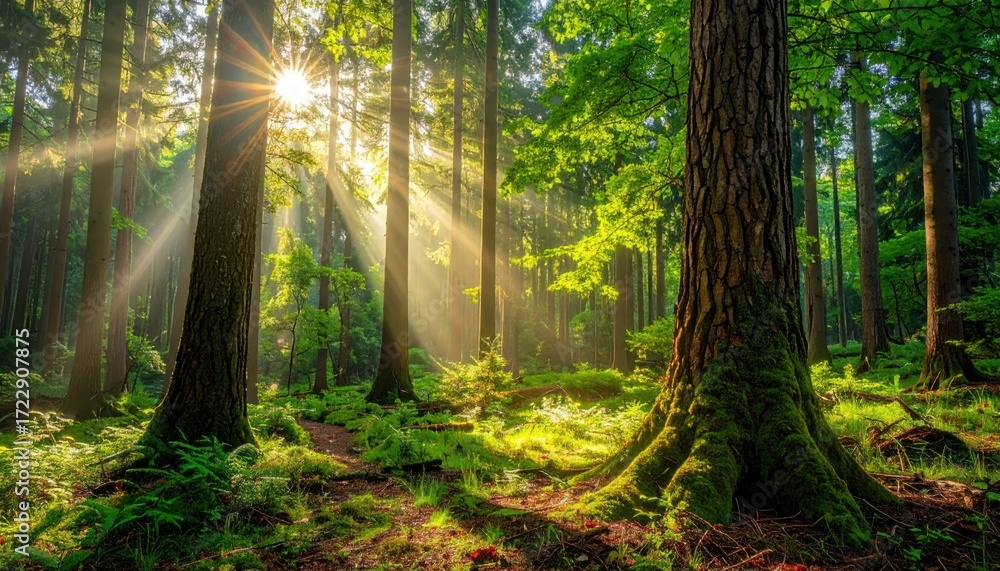 Obraz premium Sun shines through a forest. Trees stand tall with thick trunks and a verdant canopy. Rays of light bathe the forest floor