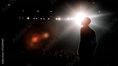 A man stands on stage facing a bright light source with his back to the audience,