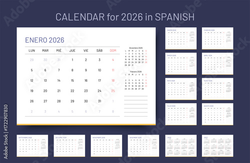 Spanish calendar for 2026. Calender template. Week starts Monday. Planner layout with 12 month. Yearly organizer. Desk schedule grid. Vector simple illustration. Horizontal monthly diary with pages